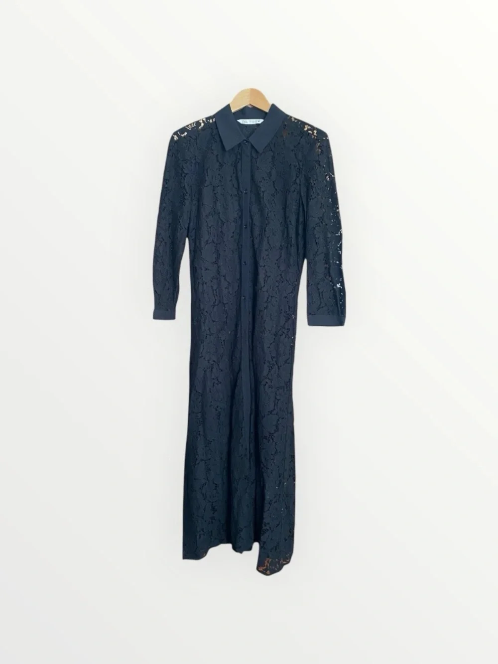 Zara Black Lace Collared Waist Tie Long Dress Size L - Picture 9 of 13
